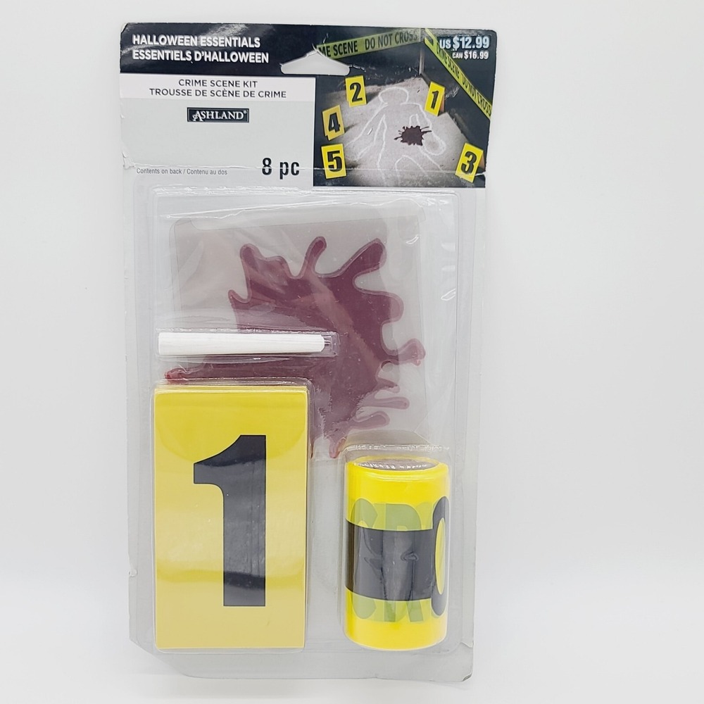 Crime Scene Kit 50ft Yellow Tape 5 Evidence Markers Chalk Blood Halloween Prop